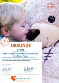 Urkunde der kinderherzen Fördergemeinschaft Deutsche Kinderherzzentren e.V. für die Bad Hönninger Fruchtsäfte und Weine GmbH