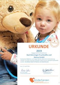 Spenderurkunde der Aktion "Kinderherzen" aus Bonn.